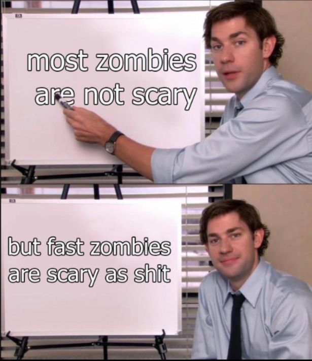 funny gaming memes - isayama death threats - most zombies are not scary but fast zombies are scary as shit