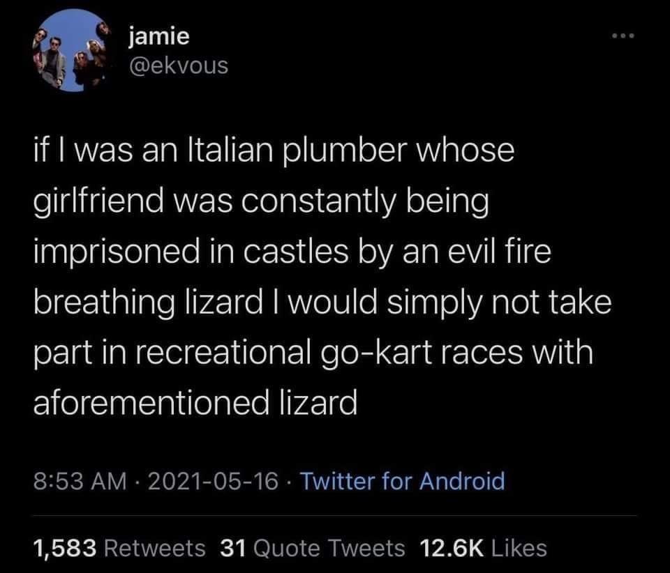 imagine losing me tweet - jamie if I was an Italian plumber whose girlfriend was constantly being imprisoned in castles by an evil fire breathing lizard I would simply not take part in recreational gokart races with aforementioned lizard Twitter for Andro