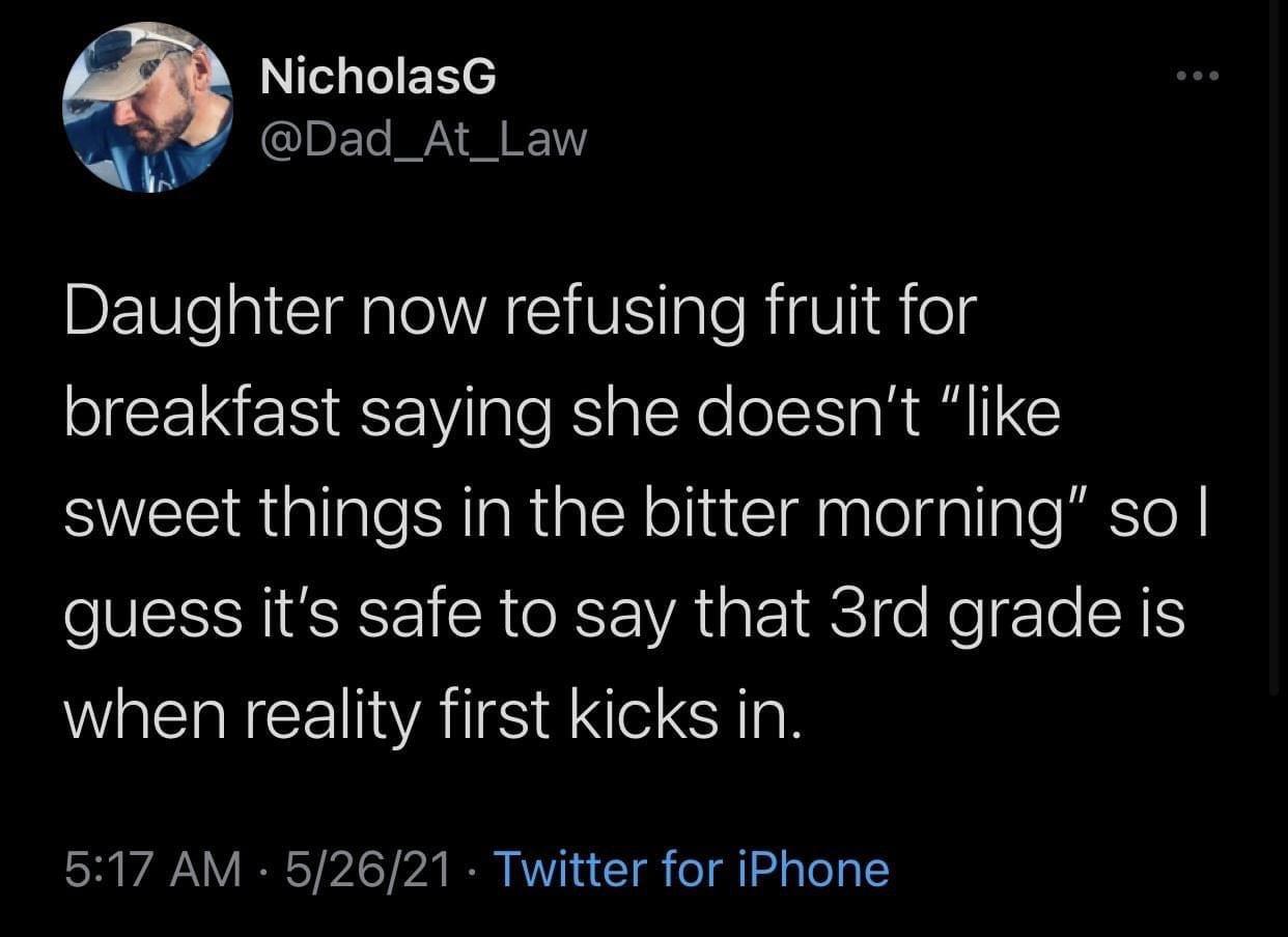 rage against the machine toaster - Nicholas Daughter now refusing fruit for breakfast saying she doesn't " sweet things in the bitter morning" so | guess it's safe to say that 3rd grade is when reality first kicks in. 52621 Twitter for iPhone