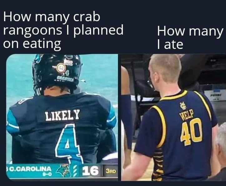 team sport - How many crab rangoons I planned on eating How many late Cs ly Welp 40 3C.Carolina 90 16 3RD