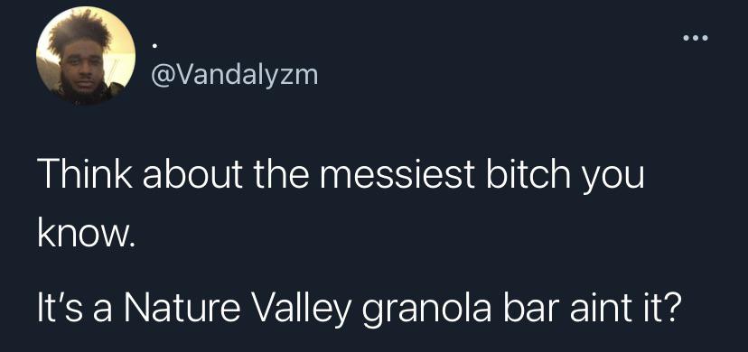 funny tweets - presentation - Think about the messiest bitch you know. It's a Nature Valley granola bar aint it?