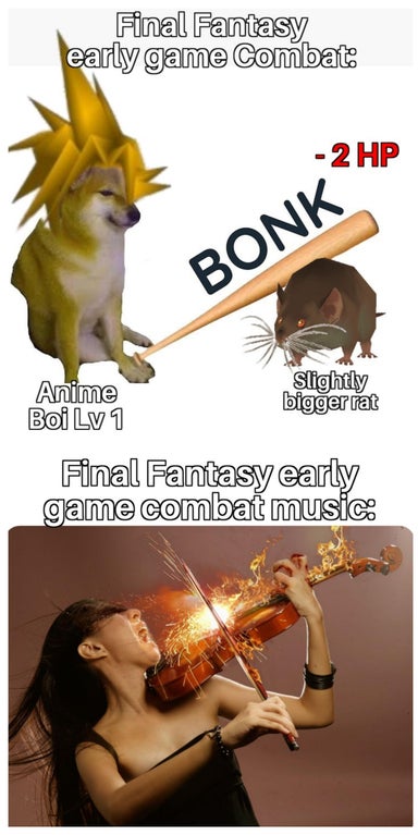 funny gaming memes - cat - Final Fantasy early game Combat 2 Hp Bonk Anime Boi Lv 1 slightly biggerrat Final Fantasy early game combat music
