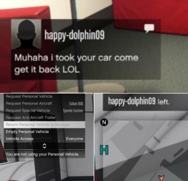 funny gaming memes - light - happydolphin09 Muhaha i took your car come get it back Lol happydolphin09 left Request Personal Vehicle Request Personal Aircraft Cuban 800 Request Special Vehicle Speedo Custom Request AntiAircraft Trailer Return Personal Veh