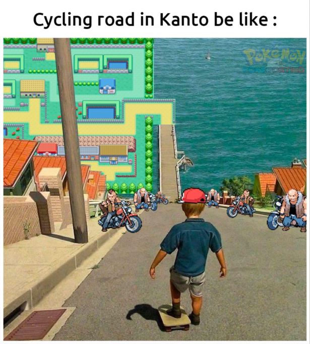funny gaming memes - boy skateboard hill - Cycling road in Kanto be