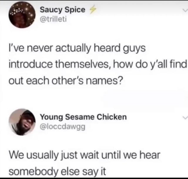 paper - Saucy Spice I've never actually heard guys introduce themselves, how do y'all find out each other's names? Young Sesame Chicken We usually just wait until we hear somebody else say it