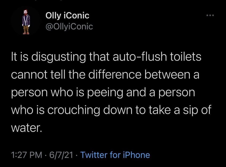 atmosphere - Olly iConic It is disgusting that autoflush toilets cannot tell the difference between a person who is peeing and a person who is crouching down to take a sip of water. 6721 Twitter for iPhone