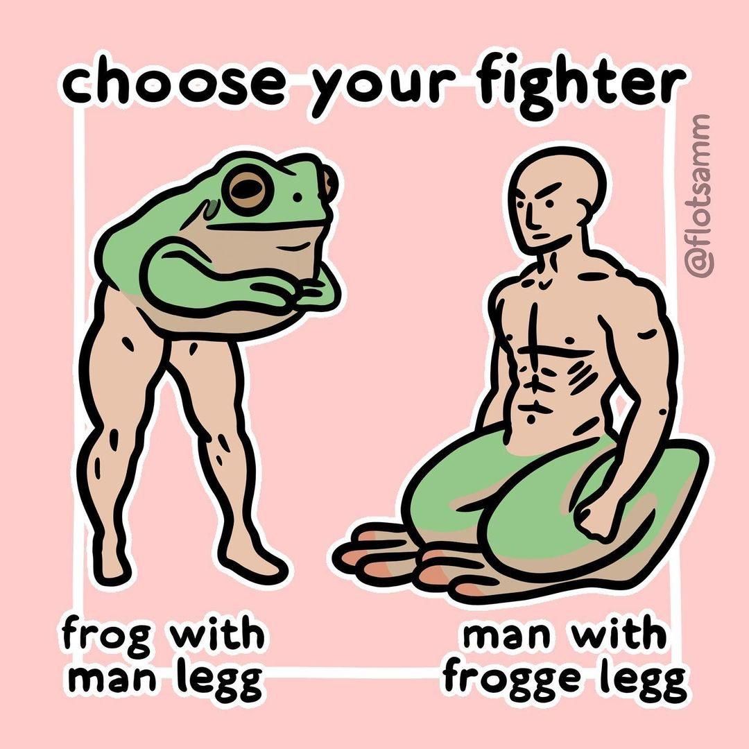 cartoon - choose your fighter frog with man legg man with frogge legg