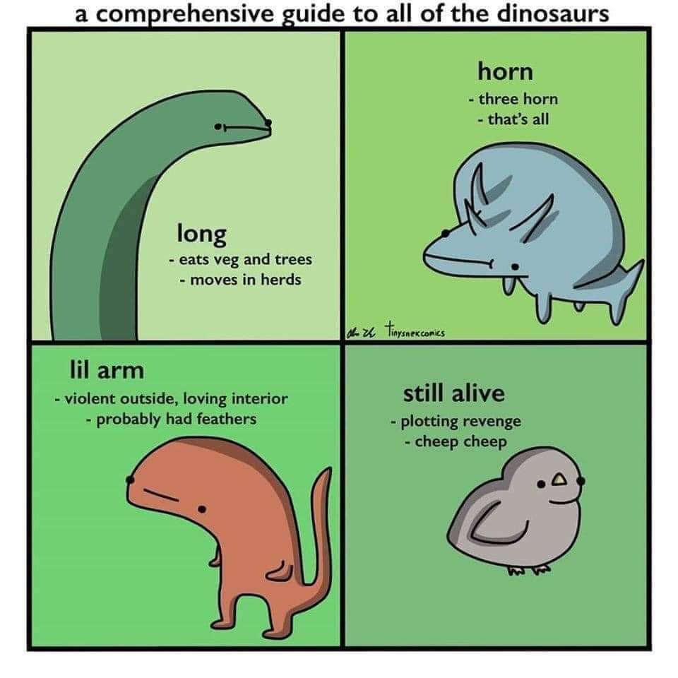 tiny snek comics - a comprehensive guide to all of the dinosaurs horn three horn that's all long eats veg and trees moves in herds ob ze tiysnek.comics lil arm still alive violent outside, loving interior probably had feathers plotting revenge cheep cheep