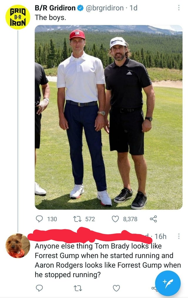 funny tweets and replies on twitter - tom brady and aaron rodgers golf - BR Gridiron The boys. Grid BR Iron 1d 130 12 572 8,378 16h Anyone else thing Tom Brady looks Forrest Gump when he started running and Aaron Rodgers looks Forrest Gump when he stopped