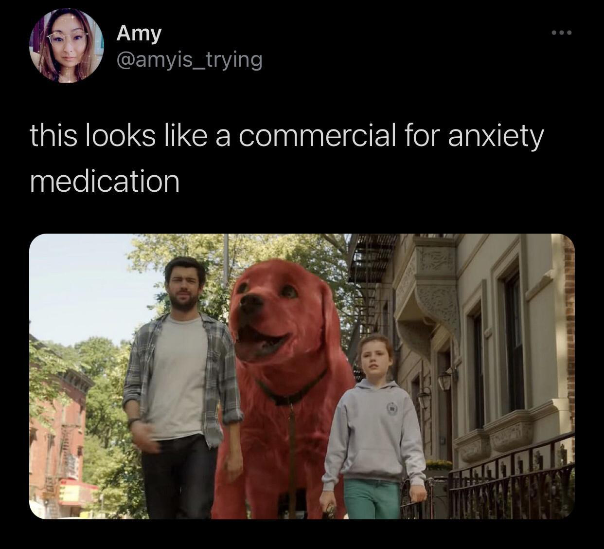 funny tweets and replies on twitter - live action clifford - Amy this looks a commercial for anxiety medication
