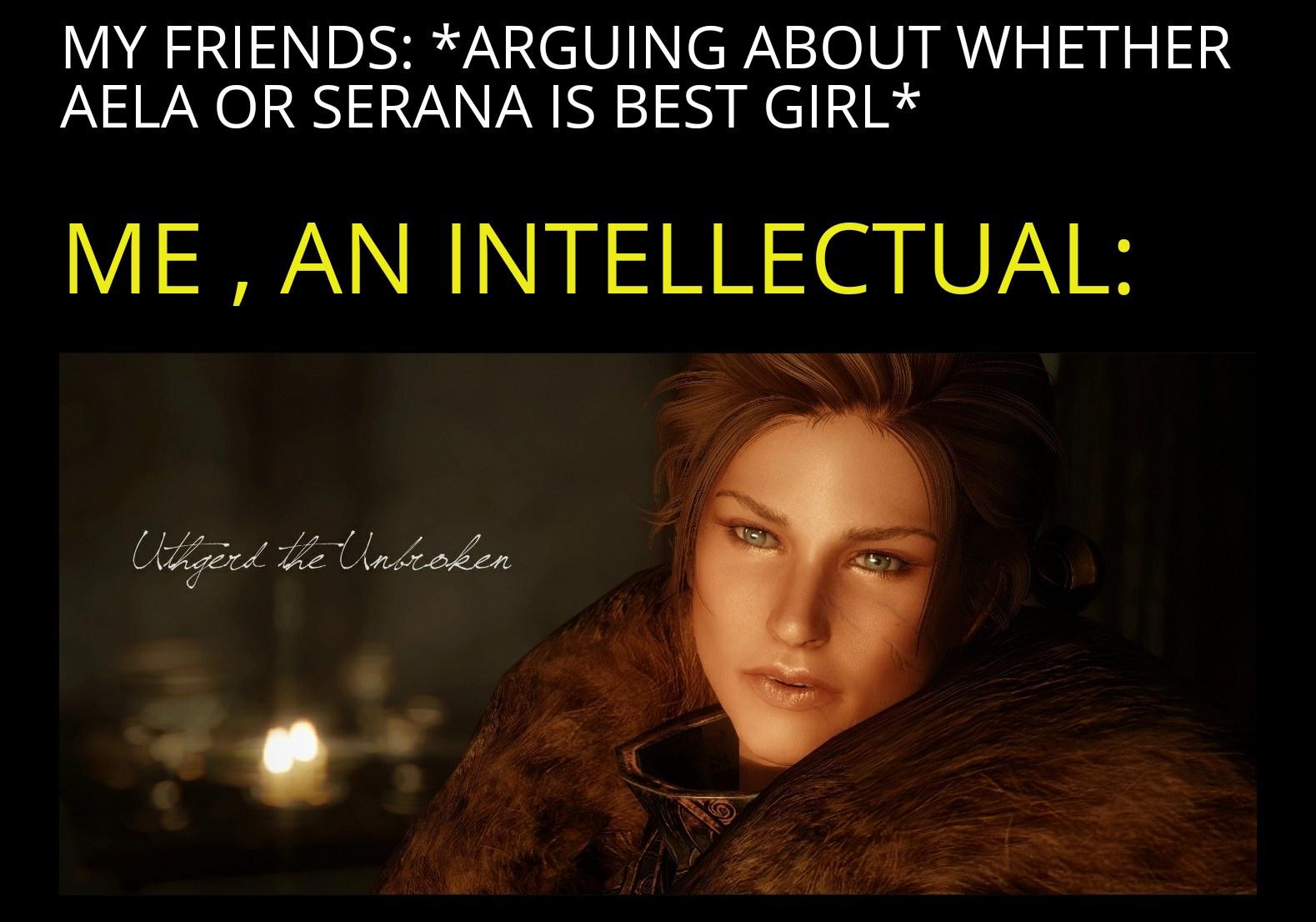 funny gaming memes - photo caption - My Friends Arguing About Whether Aela Or Serana Is Best Girl Me, An Intellectual Uthgerd the Unbroken