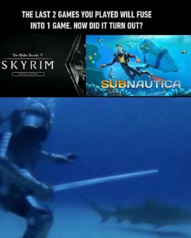funny gaming memes - funny random memes - The Last 2 Games You Played Will Fuse Into 1 Game. How Did It Turn Out? The Elder Scrolls V Skyrim Subnautica