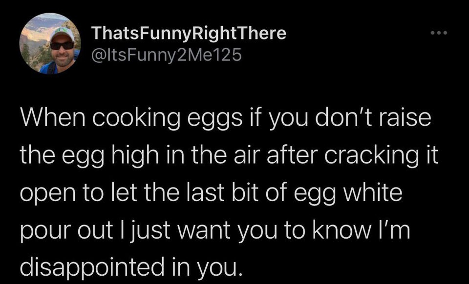 paint yourself yellow and move to springfield - ThatsFunnyRightThere When cooking eggs if you don't raise the egg high in the air after cracking it open to let the last bit of egg white pour out I just want you to know I'm disappointed in you.