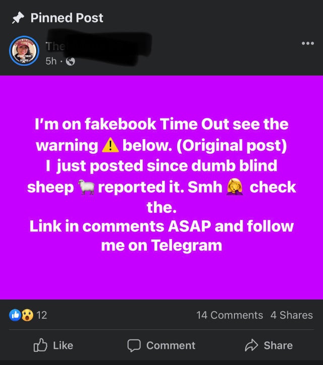 multimedia - Pinned Post The 5h. I'm on fakebook Time Out see the warning A below. Original post I just posted since dumb blind sheep reported it. Smh check the. Link in Asap and me on Telegram 12 14 4 Comment