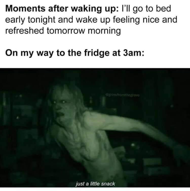 funny gaming memes - emotion - Moments after waking up I'll go to bed early tonight and wake up feeling nice and refreshed tomorrow morning On my way to the fridge at 3am egensfromthegrave just a little snack
