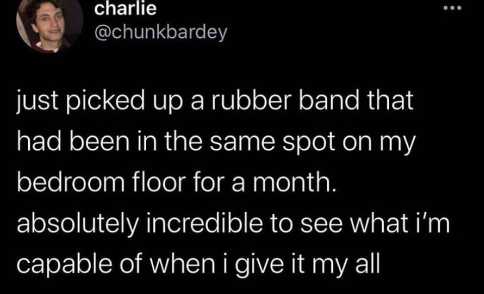 charlie just picked up a rubber band that had been in the same spot on my bedroom floor for a month. absolutely incredible to see what i'm capable of when i give it my all