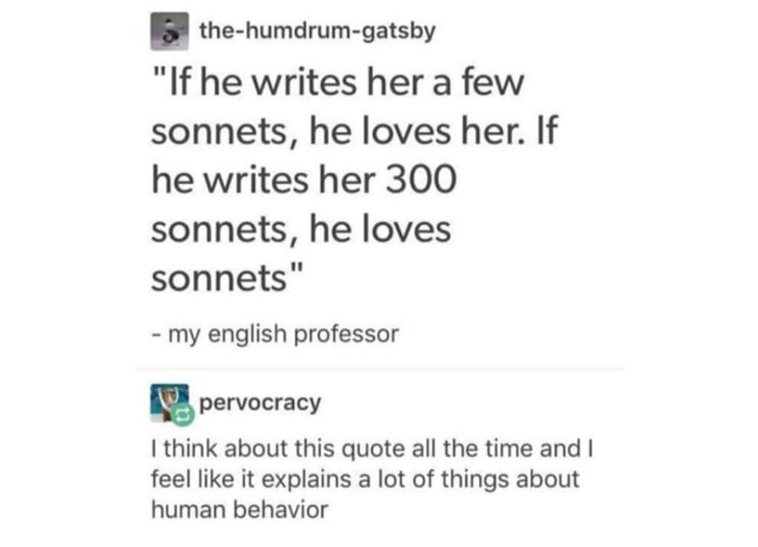 paper - thehumdrumgatsby "If he writes her a few sonnets, he loves her. If he writes her 300 sonnets, he loves sonnets" my english professor pervocracy I think about this quote all the time and I feel it explains a lot of things about human behavior