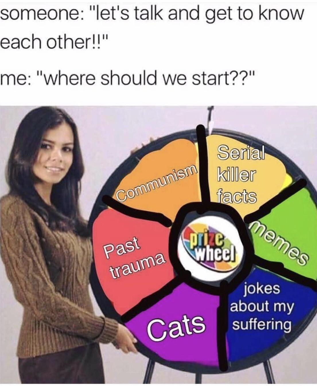 academic decathlon memes - someone "let's talk and get to know each other!!" me "where should we start??" Serial killer facts Communism memes Past trauma prize wheel jokes about my Cats suffering