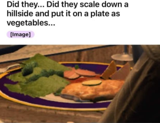 funny gaming memes  - material - a Did they... Did they scale down hillside and put it on a plate as vegetables... Image
