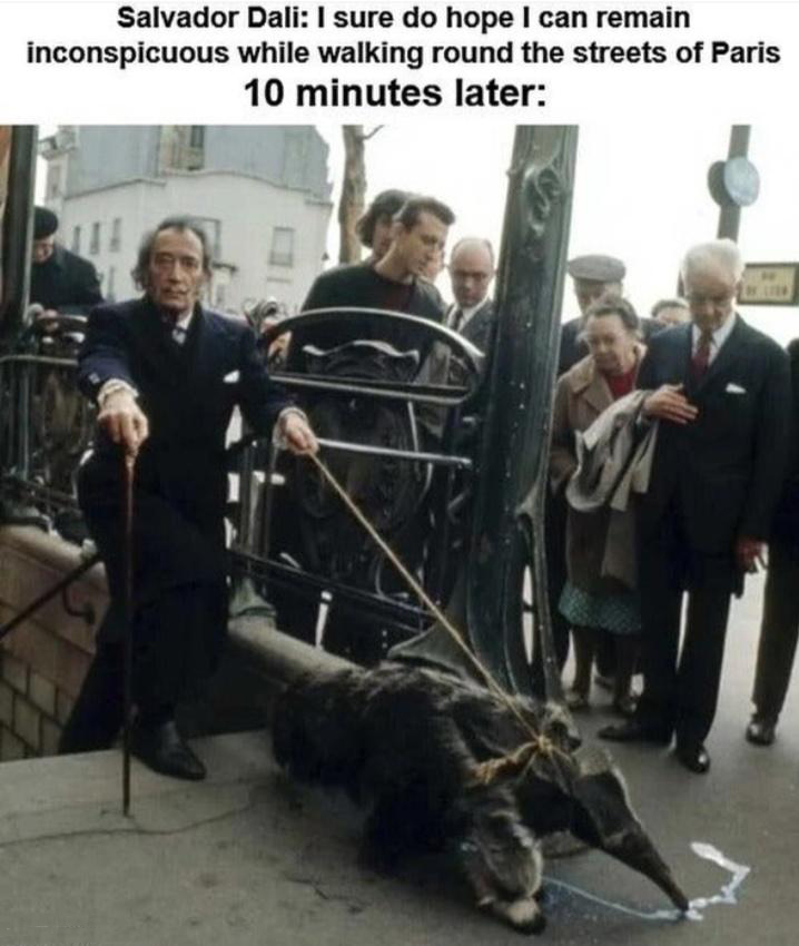 salvador dali with anteater - Salvador Dali I sure do hope I can remain inconspicuous while walking round the streets of Paris 10 minutes later 0