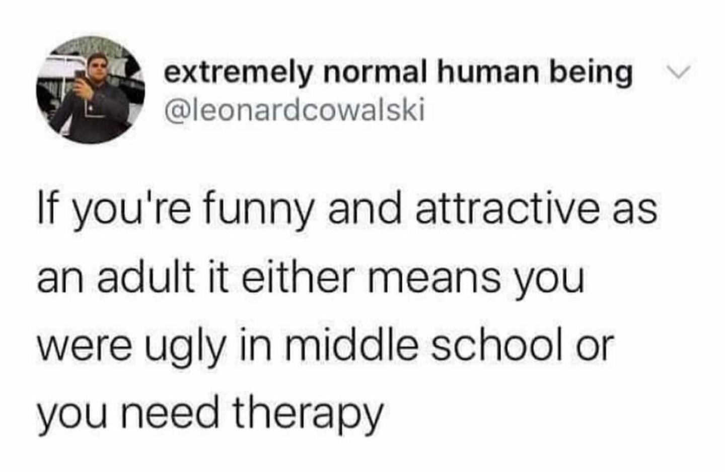 diagram - extremely normal human being If you're funny and attractive as an adult it either means you were ugly in middle school or you need therapy