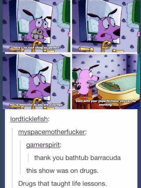 funny memes and pics - bathtub barracuda courage the cowardly dog - There's no such thing as perfect You're beautiful as you are courope Even with your Imperfections, you can do anything lordticklefish myspacemotherfucker gamerspirit thank you bathtub bar