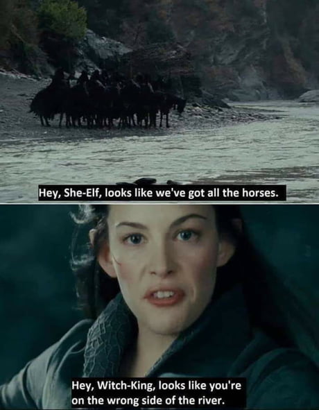 funny memes - funny pictures - lord of the rings meme - Hey, SheElf, looks we've got all the horses. Hey, WitchKing, looks you're on the wrong side of the river.