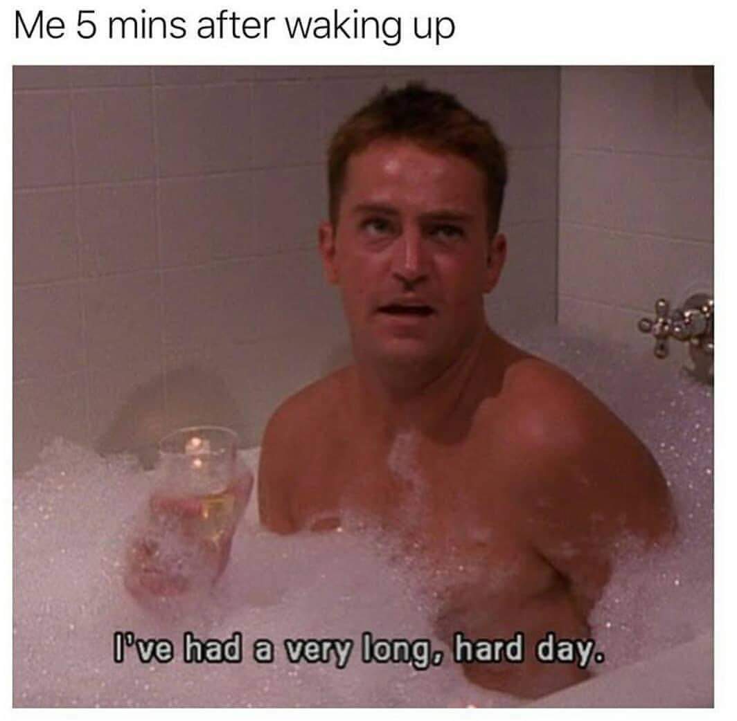 funny memes - difficult - Me 5 mins after waking up I've had a very long, hard day.