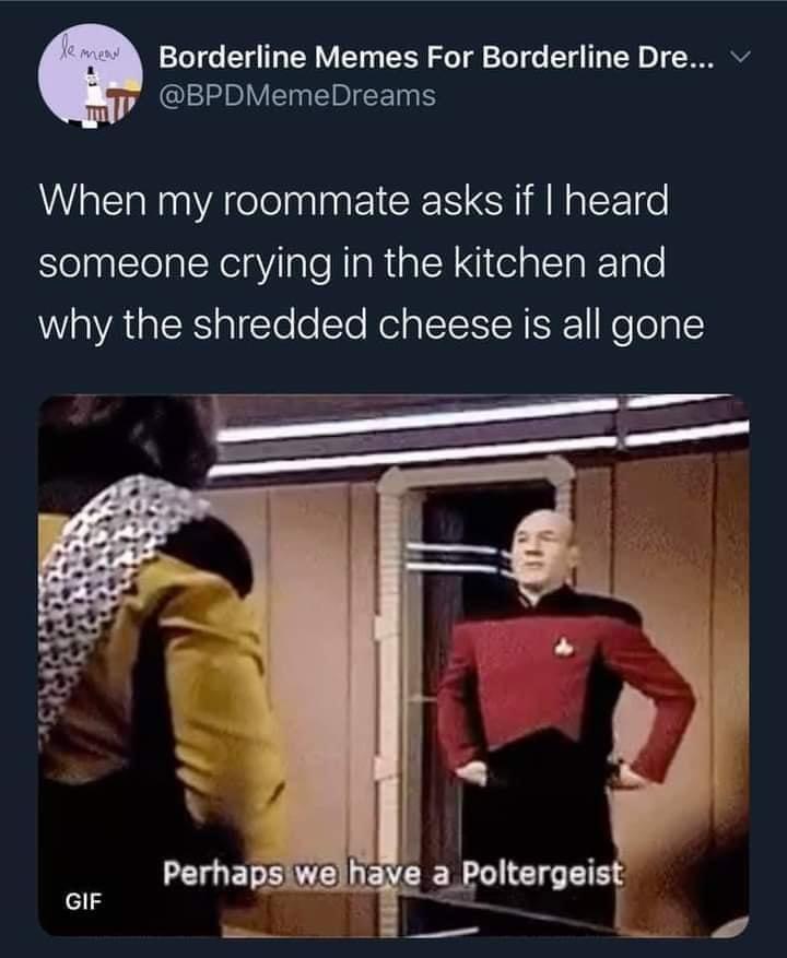 funny tweets - hot takes - photo caption - V le med Borderline Memes For Borderline Dre... When my roommate asks if I heard someone crying in the kitchen and why the shredded cheese is all gone Perhaps we have a Poltergeist Gif