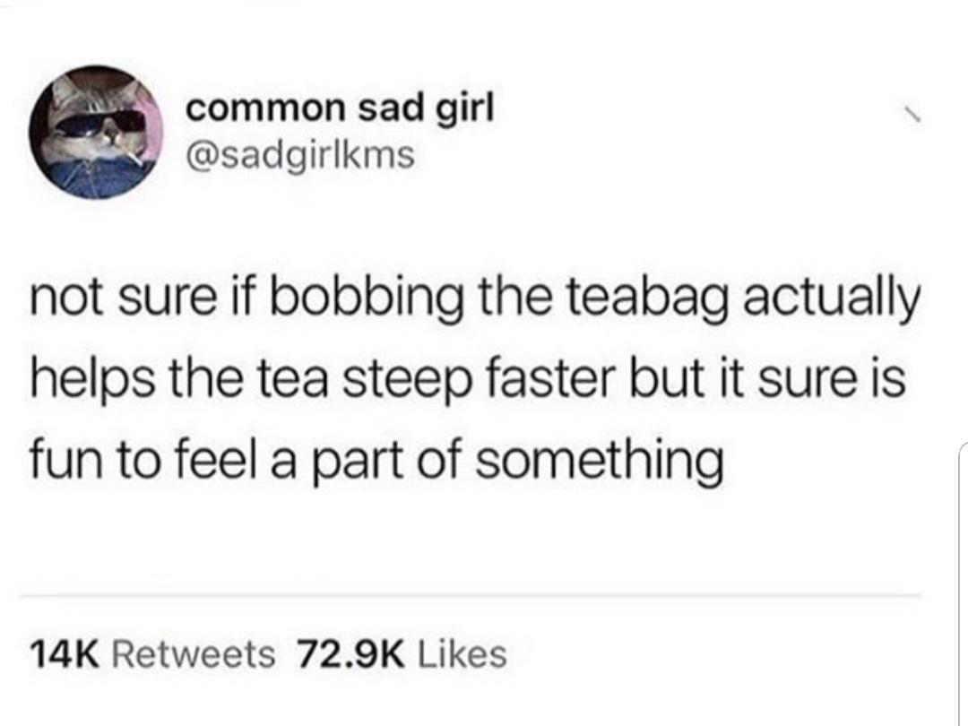 funny pics - funny memes - voltron toxic fandom - common sad girl not sure if bobbing the teabag actually helps the tea steep faster but it sure is fun to feel a part of something 14K