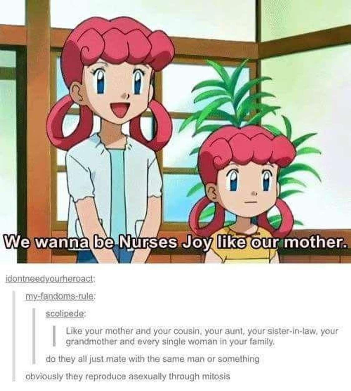 funny pics - funny memes - pokemon nurse joy memes - We wanna be Nurses Joy our mother. idontneedyourheroact myfandomsrule scolipede your mother and your cousin, your aunt, your sisterinlaw, your grandmother and every single woman in your family. do they 