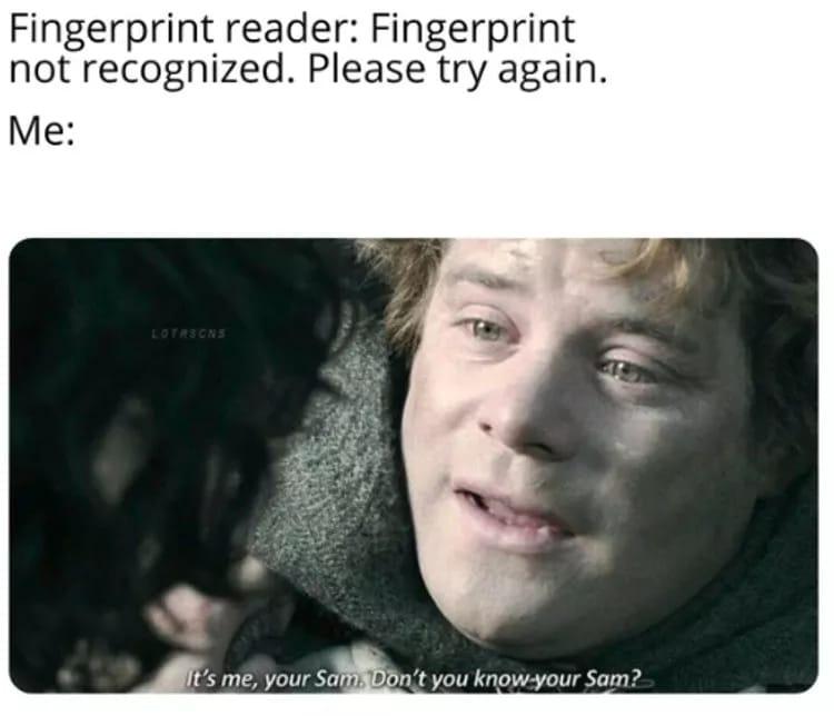 fresh memes - funny memes - guy flirts with me meme - Fingerprint reader Fingerprint not recognized. Please try again. Me Lotrsons It's me, your Sam. Don't you know your Sam?