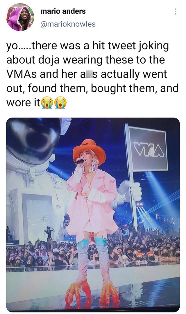 funny tweets - cartoon - mario anders yo.....there was a hit tweet joking about doja wearing these to the VMAs and her als actually went out, found them, bought them, and wore it wao