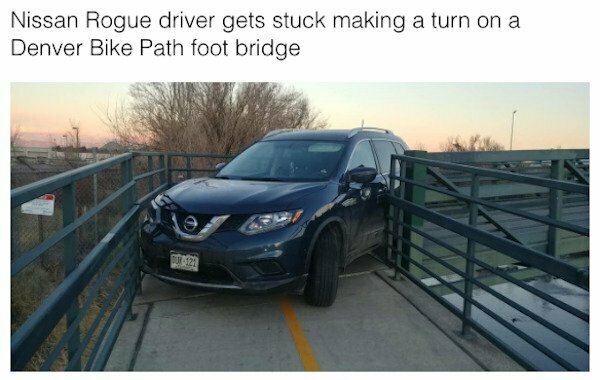 unluckiest people ever - road - Nissan Rogue driver gets stuck making a turn on a Denver Bike Path foot bridge 121