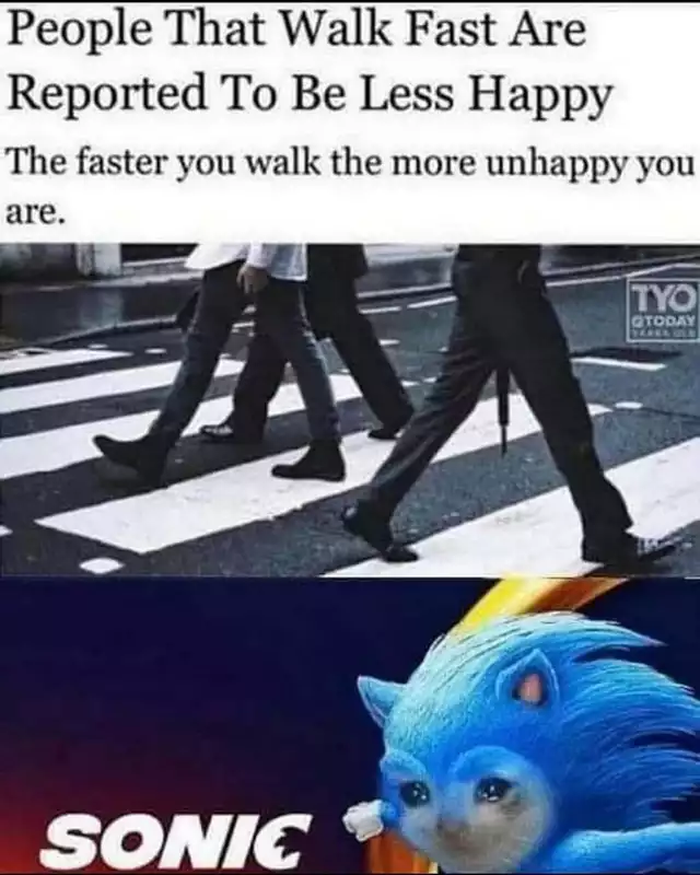 hilarious memes - dank memes - people that walk fast are reported - People That Walk Fast Are Reported To Be Less Happy The faster you walk the more unhappy you are. Tyo Today Sonic