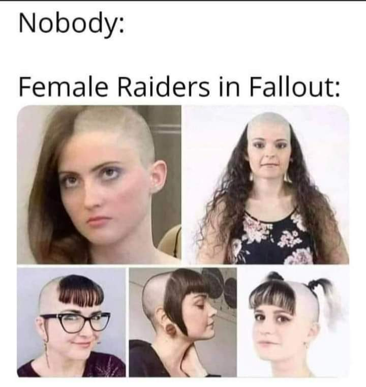 funny gaming memes - female raiders in fallout meme - Nobody Female Raiders in Fallout