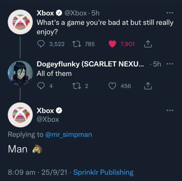 funny gaming memes - Xbox . 5h What's a game you're bad at but still really enjoy? 3,522 12 785 7,901 1 Dogeyflunky Scarlet Nexu... .5h.. All of them 4 272 456 Xbox Man 25921 Sprinklr Publishing