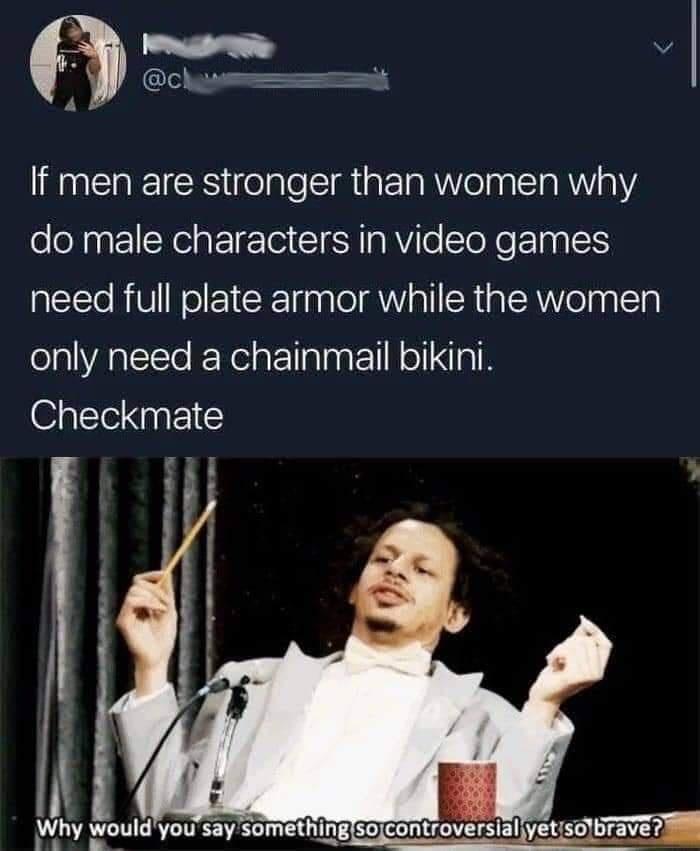 funny gaming memes - hate video games meme - If men are stronger than women why do male characters in video games need full plate armor while the women only need a chainmail bikini. Checkmate Why would you say something so controversial yet so brave?