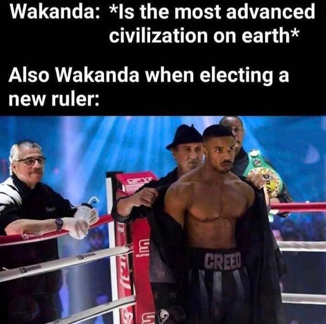 funny memes - hilarious memes - michael b jordan creed - Wakanda Is the most advanced civilization on earth Also Wakanda when electing a new ruler Creed Dos Ei