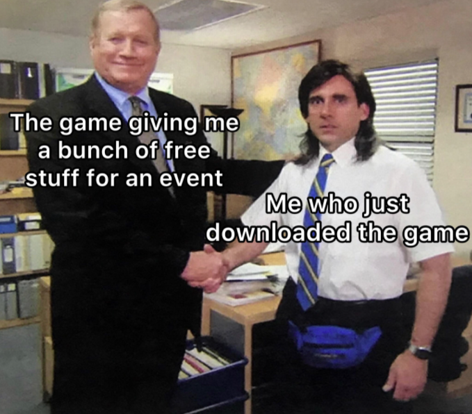 the office memes - check hand meme - The game giving me a bunch of free stuff for an event Me who just downloaded the game