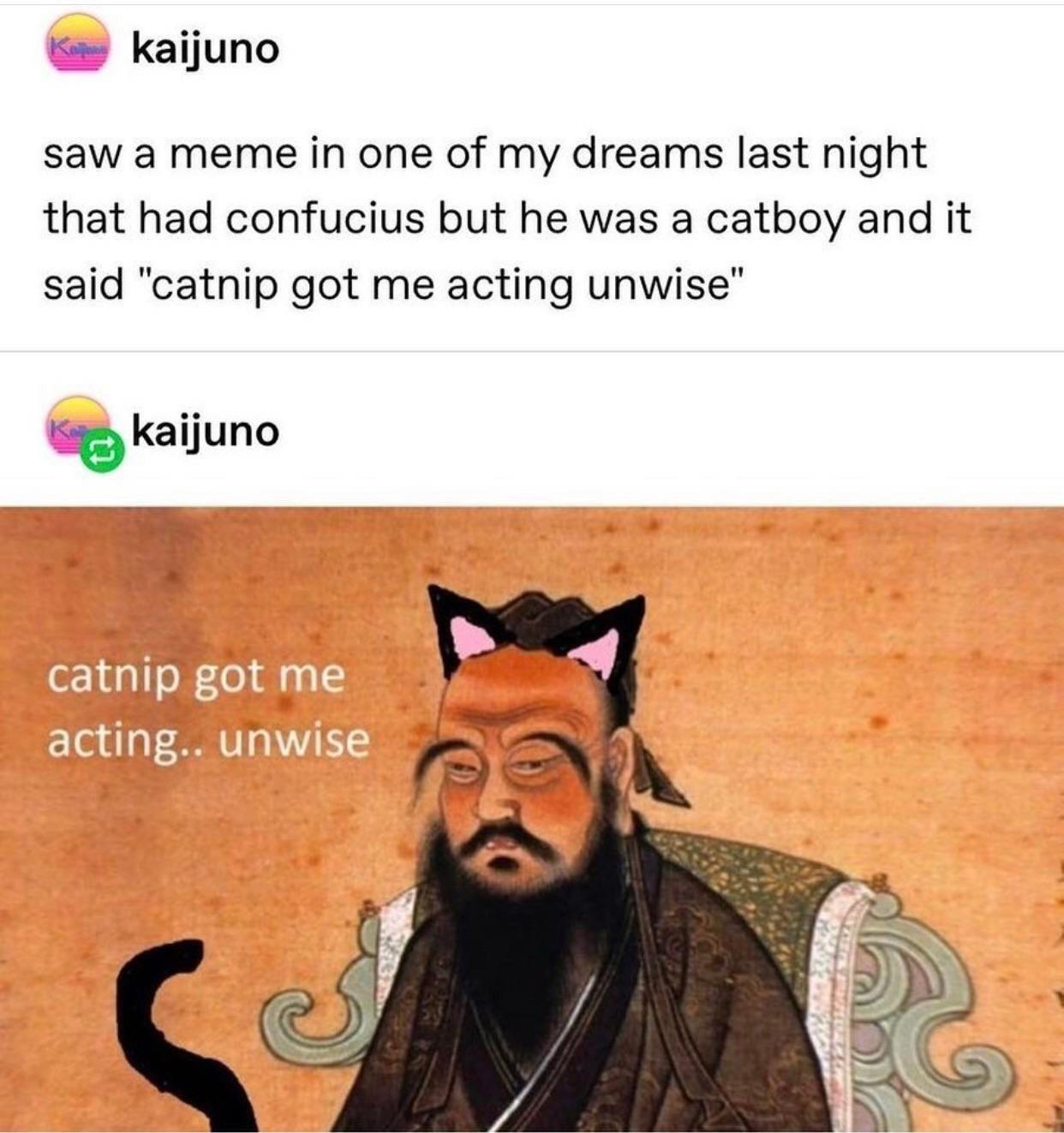 monday morning randomness - catnip got me acting unwise - kaijuno saw a meme in one of my dreams last night that had confucius but he was a catboy and it said "catnip got me acting unwise" kaijuno catnip got me acting.. unwise G