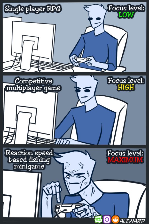 funny gaming memes - comics - Single player Rpg Focus level Low fa Competitive multiplayer game Focus level High Reaction speed based fishing minigame Focus level Maximum Web Toon Alzward