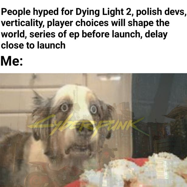 funny gaming memes - cupcake dog meme - People hyped for Dying Light 2, polish devs, verticality, player choices will shape the world, series of ep before launch, delay close to launch Me Lun