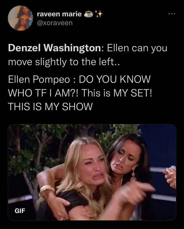 funny memes - hilarious memes - photo caption - raveen marie Denzel Washington Ellen can you move slightly to the left.. Ellen Pompeo Do You Know Who Te Lam?! This is My Set! This Is My Show Gif