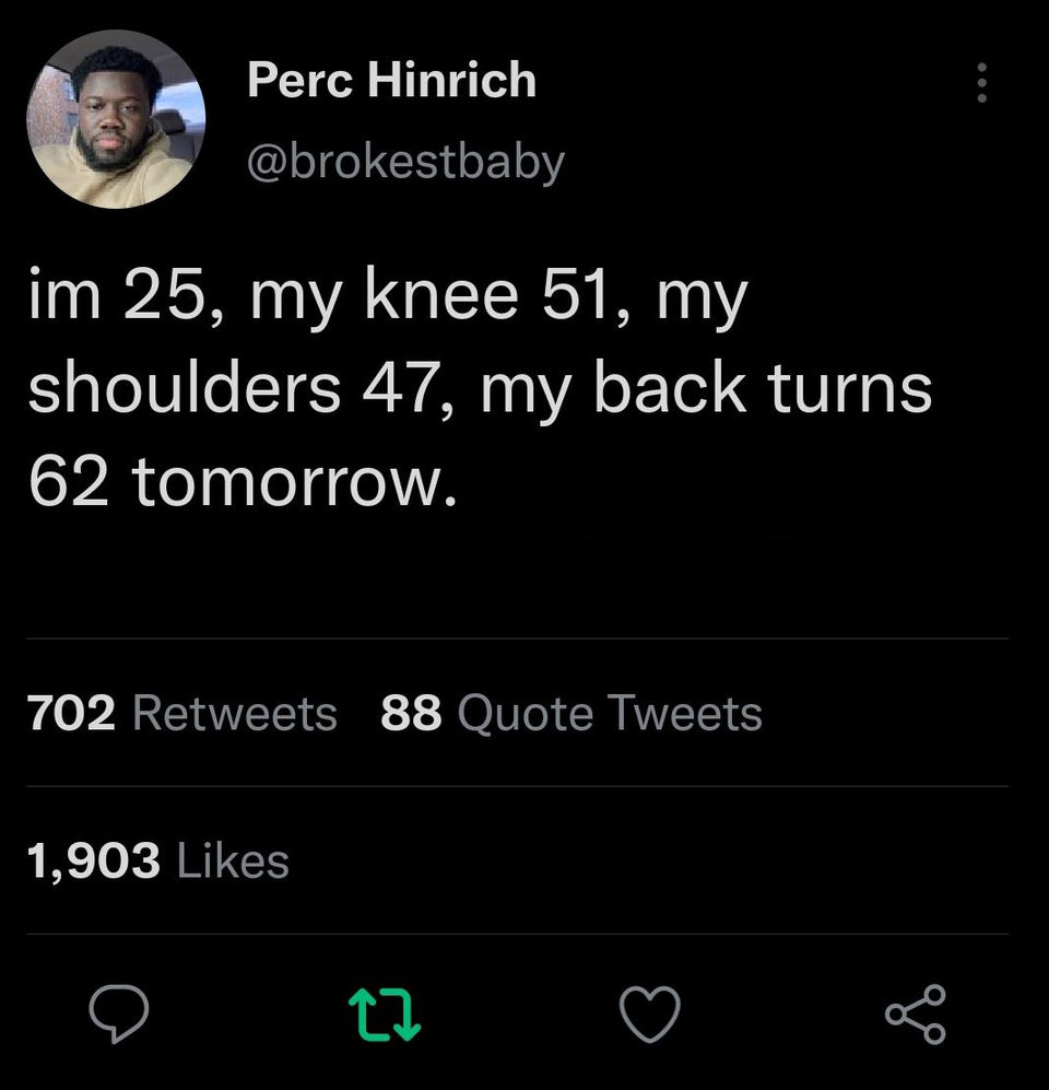 screenshot - Perc Hinrich im 25, my knee 51, my shoulders 47, my back turns 62 tomorrow. 702 88 Quote Tweets 1,903 12 go