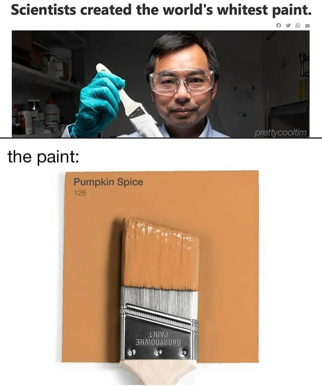 funny memes - halloween memes - benjamin moore storm af 700 - Scientists created the world's whitest paint. prettycooltim the paint Pumpkin Spice 126 Inivs 3NMOON98 G9