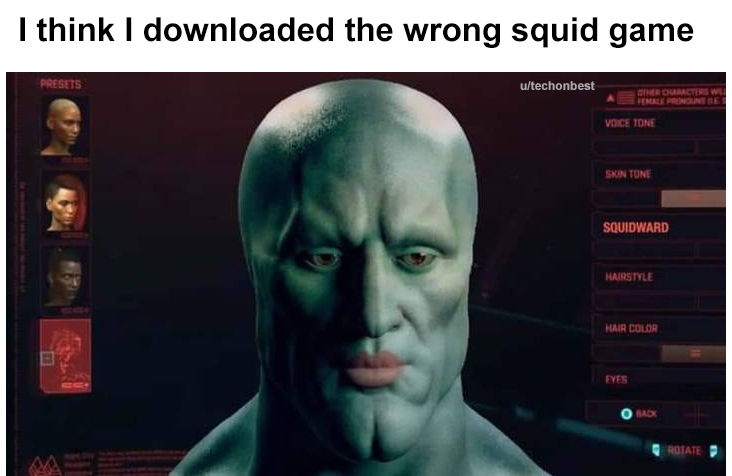 handsome squidward cyberpunk - I think I downloaded the wrong squid game Presets utechonbest Other Ouatem W Voice Tone Skin Tone Squidward Hairstyle Hair Color Eyes Back Rotate