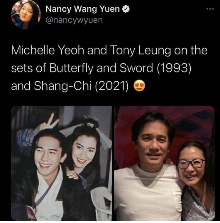 Nancy Wang Yuen Michelle Yeoh and Tony Leung on the sets of Butterfly and Sword 1993 and ShangChi 2021
