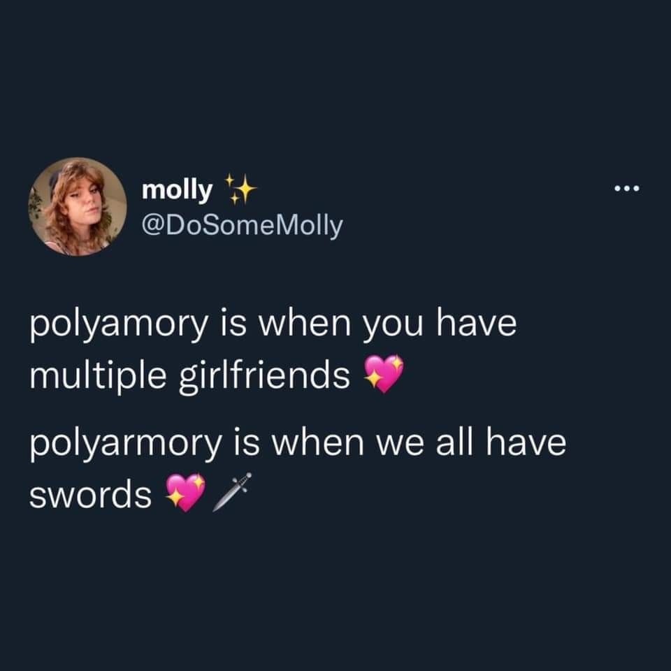 funny real estate tweets - molly Molly polyamory is when you have multiple girlfriends polyarmory is when we all have swords