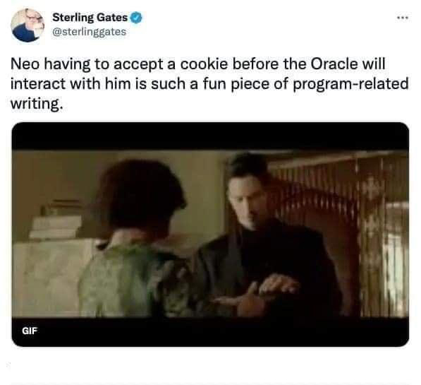 video - Sterling Gates Neo having to accept a cookie before the Oracle will interact with him is such a fun piece of programrelated writing. Gif